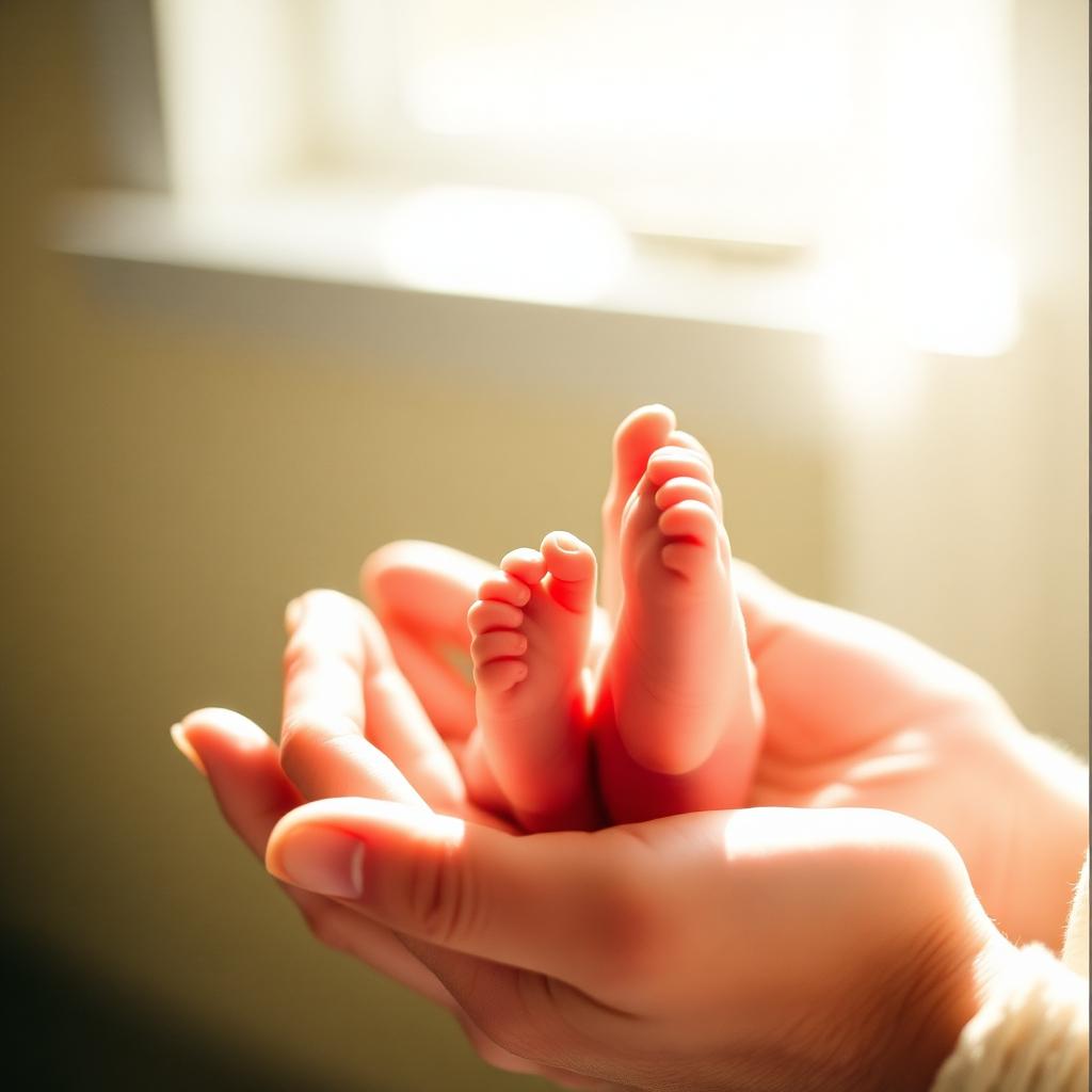 Tiny newborn feet cradled in a mother's hands